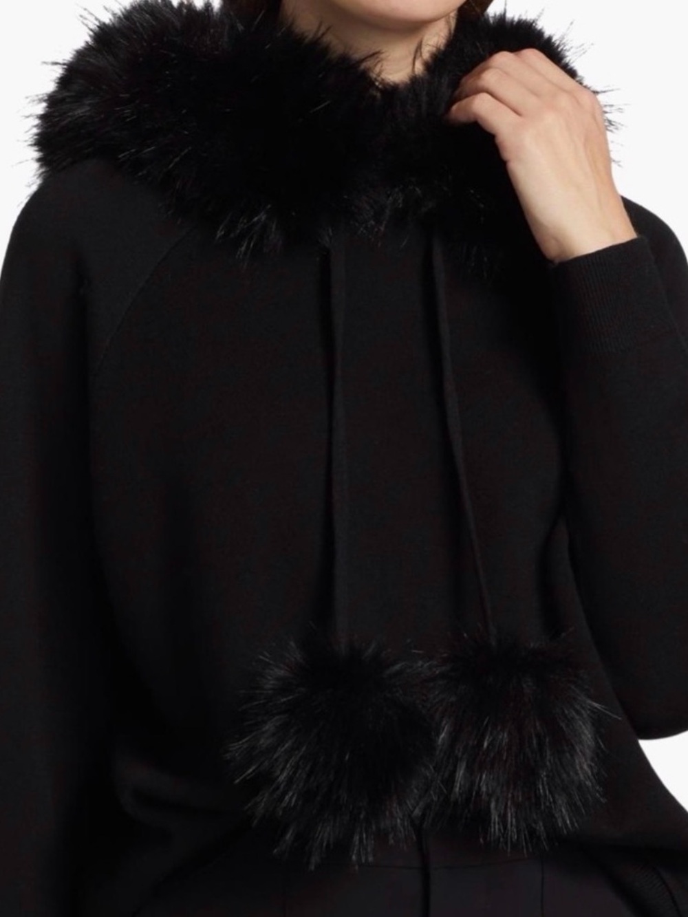 Alice + Olivia Oscar Black Faux-Fur Trim Hooded Sweater with Pom-Poms MSRP $495